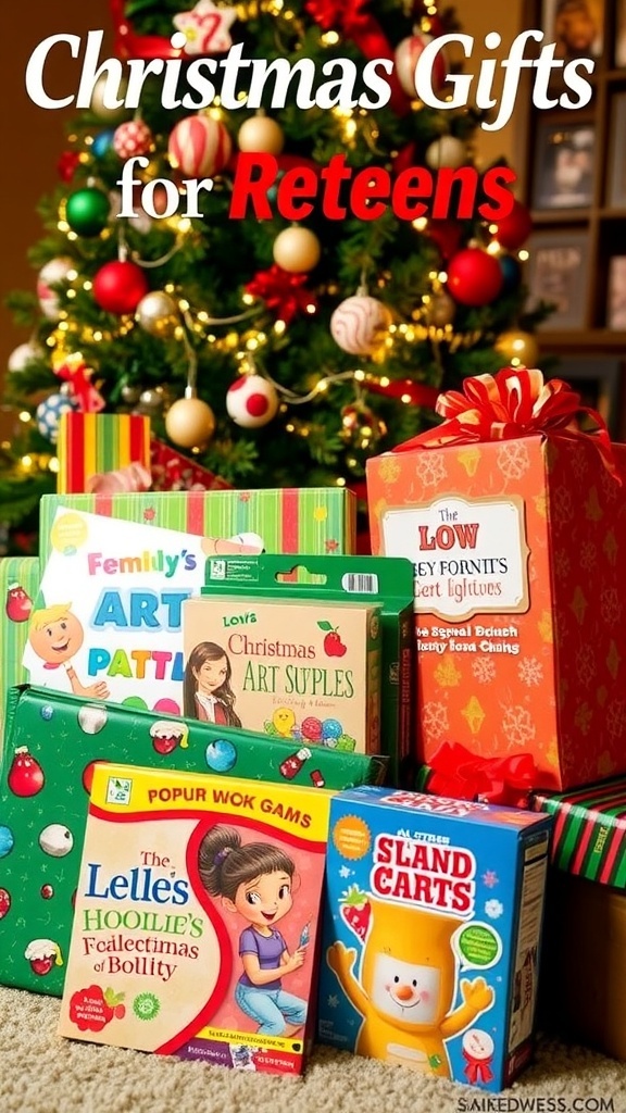 A collection of Christmas gifts for preteens, including art supplies, books, and games, arranged under a Christmas tree.